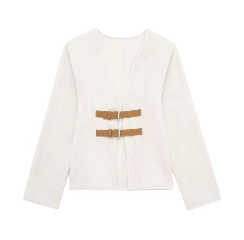 Women Double Button Leather Jacket Long Sleeve V-Neck Slim Coat Formal Elegant Office Outwear With Belt