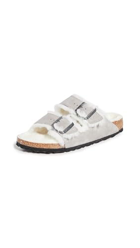 Birkenstock Women's Arizona Shearling Sandals, Stone Coin/Natural, Grey, 9 Narrow US