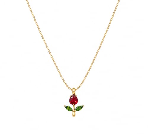Gold-Tone Rose Pendant Necklace for Women with Red Crystal, Floral Charm Chain Stainless Steel Anti Tarnish Waterproof Hypoallergenic, Gift for Her