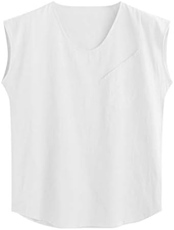NIUQI Men's Baggy Cotton Linen Solid Pocket Sleeveless O-Neck Vest Tank Tops Blouses White