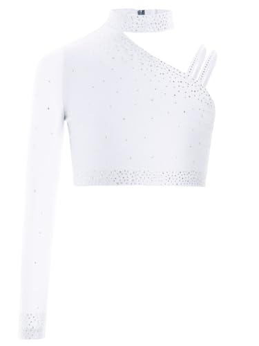 ranrann - ranrann Enfant Fille Haut Gymnastique Une Epaule Crop Top de Danse Strass Haut Court Tenue Patinage Artistique A Blanc 11-12 Ans