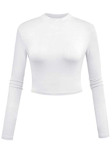 Casual Mock Neck Crop Tops for Women Solid Color Long Sleeve Cute Crop Shirt White M