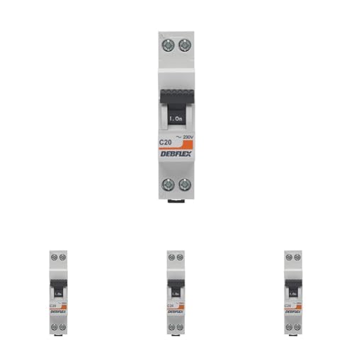 DEBFLEX - Disjoncteur 20A Phase + Neutre 3KA - Module Coupe-Circuit - Certifié NF - Installation dans Tableau Electrique - Gris (Lot de 4)