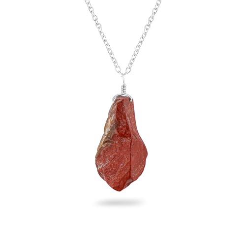 CRYSTALINES Natural Raw Red Jasper Pendant Necklace | Handmade Gemstone Jewelry | Adjustable Silver Chain | Healing Crystals | AAA Grade Stone | Rough Jasper Slice | Women Jewelry | 18inch