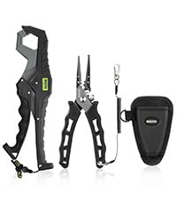 Booms Fishing F07S Pliers and Fish Lip Gripper Combo, Hook Remover, Split Ring Pliers, Stainless Steel Saltwater Tools With Lanyard and Sheath, Gift for Men