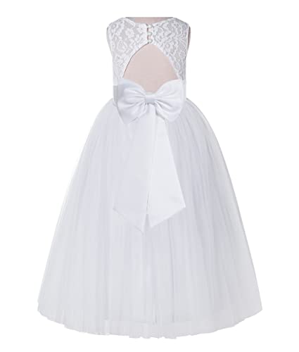 White Lace Tulle Keyhole Back Junior Flower Girl Dress Pretty Princess 178T