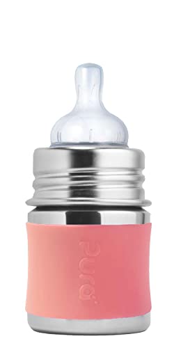 Image of Pura Kiki 5oz/150ml Stainless Steel Anti-Colic Infant Bottle w/Silicone Natural Vent Nipple & Sleeve, 100% Plastic-Free, MadeSafe Certified, Medical-Grade Silicone - Rose Sleeve