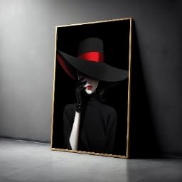 Femme au chapeau à larges bords décoration murale noire et rouge tableau art moderne 50x75