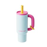 CHAKO LAB BaWang - Vaso aislado de acero inoxidable con asa y pajilla, 33 onzas, apto para portavasos, para viajes, botella de agua a prueba de fugas, sin BPA, forro de acero inoxidable 316, rosa y