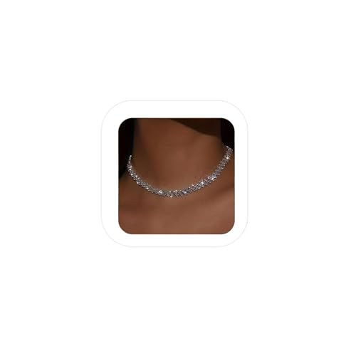 Ronglry Rhinestone Choker Necklace for Women Silver Diamond Choker Necklaces for Women Sparkly Crystal Rhinestone Necklace for Women Silver Chokers for Women Party Prom Wedding Jewelry Accessories