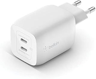 Belkin Ładowarka sieciowa 65W, 2 porty USB typ C, Power Delivery 3.0 z technologią GaN do urządzeń iPhone 15, 14, 13, 12, Pro, Pro Max, iPad, MacBook, Samsung Galaxy S24, S23, Tab, Pixel i innych