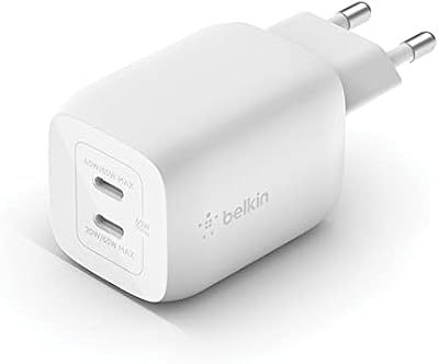 Belkin Cargador de Pared Doble USB tipo C de 65 W, Carga Rápida 3.0 con Tecnología GaN, cargador USB para iPhone 16, 15, 14, 13, iPad Pro, Air, MacBook, Samsung Galaxy S24, S23, Google Pixel, Blanco