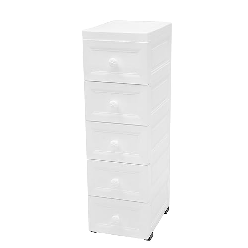 CLEADONG Carrito con ruedas con 5 cajones, de plástico, con ruedas, organizador de almacenamiento para baño, cocina, oficina, salón, color blanco