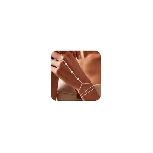 Bracelets for Women Trendy, 14K Gold Plated/Silver Hand Chain Stack Adjustable Layered Dainty Cute Bead | Cubic Zirconia Finger Ring Link Jewelry Gifts