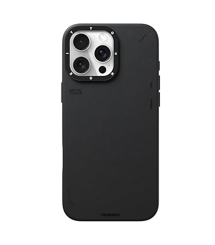Image of Cyber Grid Leather Series Case for iPhone 16 Pro Max Compatible with Mag-Safe Wireless Charging | Textured Leather Back | Slim Shockproof Cover | Futuristic Grid Pattern | Black Edition