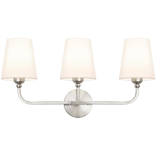 Image of Bathroom Vanity Light Brushed Nickel Bathroom Lighting Fixtures Over Mirror | 3-Light Bathroom Light Fixtures with Flared White Fabric Shade, E26 Socket (ETL Listed)