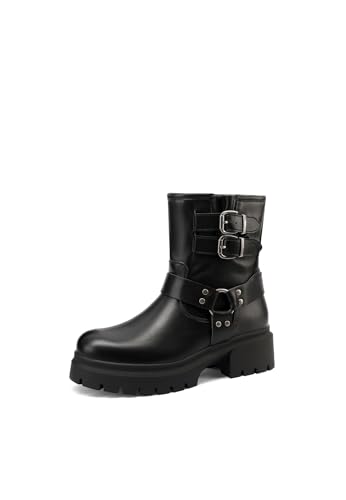QUEEN HELENA Botines Biker Casual Botas bajas con Doble Hebilla Mujer X31-62, Negro , 39 EU
