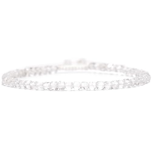 Angelstones Crystal Bracelet for Women, Natural Gemstone Small Beaded Bracelets, 3mm Faceted Cube Beads, Healing Bracelets for Women (Clear Quartz)