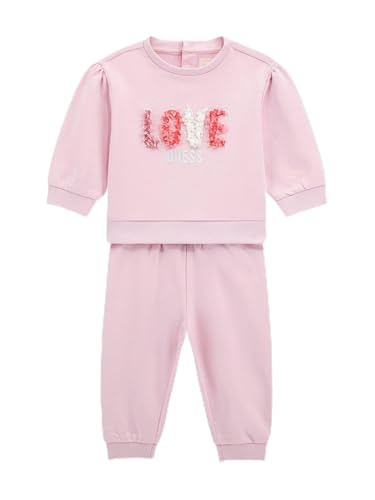 GUESS Conjunto de sudadera ecológica y pantalones deportivos para niñas, Rosa algodón de azúcar, 12 meses