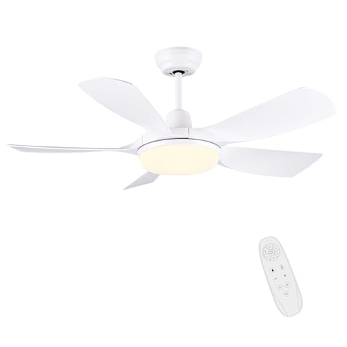 Newday Ventilador de Techo con luz y Mando a Distancia, 106cm Silencioso Ventilador de Techo con Iluminación Dimmer, Motor DC, 5 Aspas, 6 Velocidades, Función de Memoria, Blanco