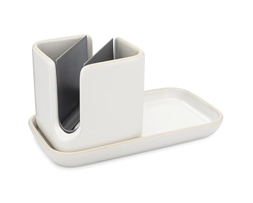 Full Circle Stash, Ceramic Kitchen Sink Caddy, Stylish Modular Sponge Holder & Dish Brush Organizer, White/Gray, 11