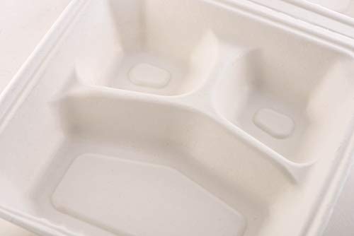 [100 PACK] 8 Inch 3-Compartment Compostable Hinged Take Out Food Container - Sugarcane Bagasse, Tree Free - Restaurant Supplies, Microwavable, Bidodegradable, Recyclable, Heavy Duty (Rectangle - Clam)