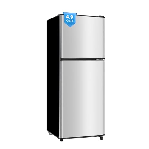 Image of 4.9 Cu. Ft. Mini Fridge with Freezer, Compact Refrigerator with Adjustable 7-Level Thermostat, Double-Door Fridge for RV, Kitchen, Office, Silver