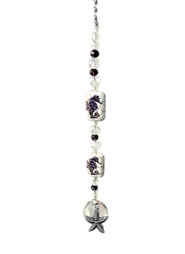 Handmade Seahorse Crystal Sun Catcher - Rear View Mirror Car Charm with Amethyst Gemstones & 20mm Crystal Ball - Boho Beach Window Ornament Prism