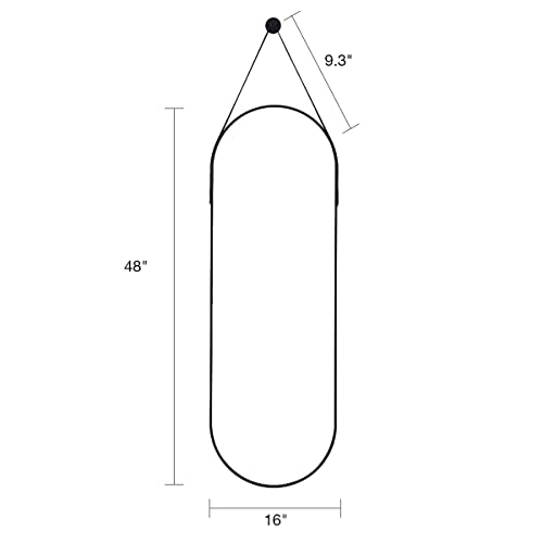 Full Length Mirror, 16"x48" Wall Full Length Body Mirror, Wall Mounted Mirror with Hanging Leather Strap, Wall Mirror Full Length for Bathroom Living Room Entryway Decor(Black)