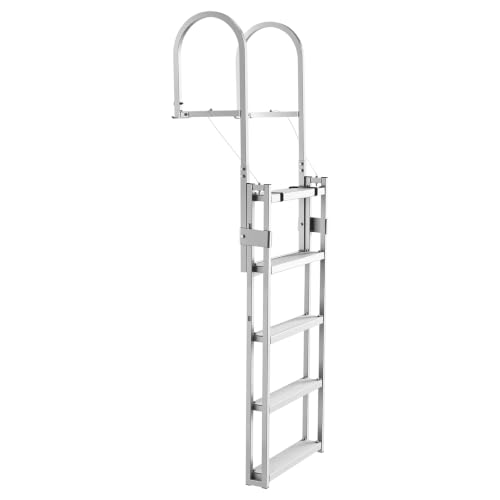Image of VEVOR Retractable Dock Ladder, 5 Steps, Aluminum Alloy Pontoon Boat Swim Ladder, with Non-Slip Wide Steps, 350 lbs Weight Capacity, Adjustable Height, for Lake Swimming, Pool, Boat, Marine Boarding