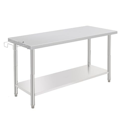 60 in x 24 in Stainless Steel Table, Food Prep Table with Removable Trash Rack, Commercial Heavy Duty Kitchen Island with Adjustable Under Shelf for W
