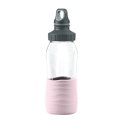 Emsa N31012 Drink2Go Glass Drinking Bottle | Capacity 0.5 Litres | Screw Cap | 100% Leak-Proof/Hygienic/Pure | Silicone Sleeve | Powder Pink