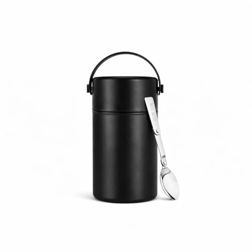 Image of YELONA Insulated Lunch Soup Pot with Folding Spoon & Lid Bowl | 316 Stainless Steel Double Vacuum Food Jar | Leakproof Hot & Cold Food Container for Office & Kids (Black)