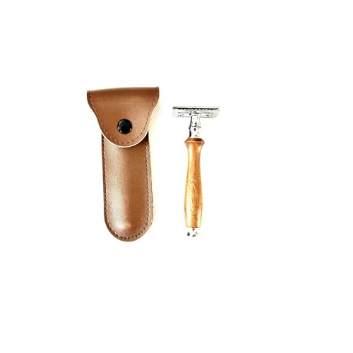 Classic Safety Razor with Wooden Handle and Brown Leather Case, Double Edge Shaving Kit