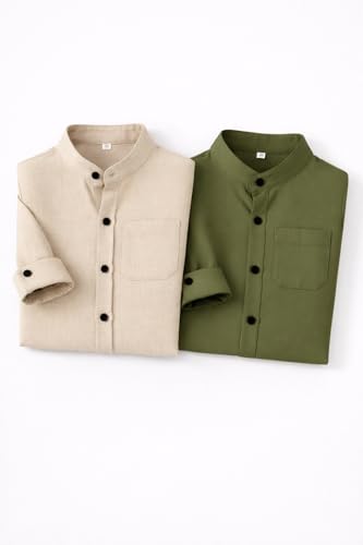 Image of Boys Mandarin Collar Shirt with Chest Pocket Beige and Rama Blue Color, Long Sleeve Button-Down Casual Shirt Pack of 2