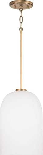 HomePlace Lighting 348811AD Lawson Transitional Mid-Century Soft White Glass Bell Pendant Light Fixture, 1-Light 100 Watt, 14" H x 9" W, Brass
