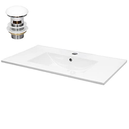 ECD Germany Lavabo en Céramique Blanc 710x465x175 mm avec Garniture de Vidage 1 1/4 Universel et Trop-Plein, Vasque Encastré, Design Élégant Moderne, Évier Lave-Mains pour Salle de Bain et Toilettes