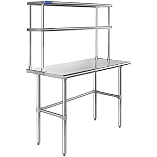 Express KitchQuip Stainless Steel Open Base Table with Wide Double Tier Overshelf | Metal Kitchen Prep Table & Shelving Combo (24