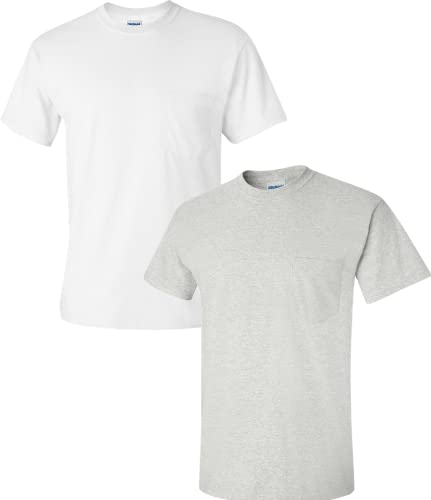 T-shirt avec poche en coton Gildan blanc cendre taille M vêtement décontracté pour style de vie