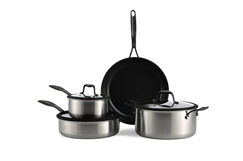 BK Ceramic Black Juego de 7 Ollas y Sartenes de Acero Inoxidable con Revestimiento Cerámico Antiadherente sin PFAS, Sartén, Cacerola, Cacerolas, Tapas, Inducción, Apto para Lavavajillas y Horno, Negro