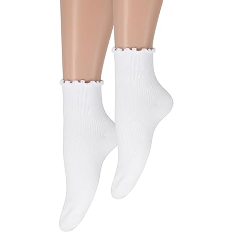 2 Pairs Cute Ruffle Ankle Socks for Women - Soft Cotton Knit Lettuce Low Cut Frilly Socks (US, Numeric, 6, 9, Regular, Regular, White-2 Pairs) Cover