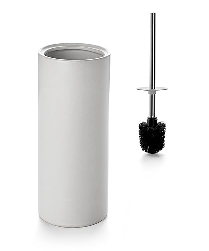 Image of White Ceramic Toilet Brush and Holder Set, Freestanding Toilet Bowl Cleaners Brush, Scrubber Brush for Toilet, Bathroom Accessories with Stainless Handle, Deep Cleaning