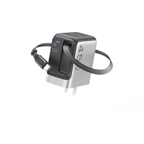 Retractable Charger, 45W USB-C Charger, GaN Fast Charger with 2.26ft Retractable Cable for iPhone 17/16/15/14/13 Series, Galaxy S26/S25/24 Ultra, Pixel, iPad, Space Silver
