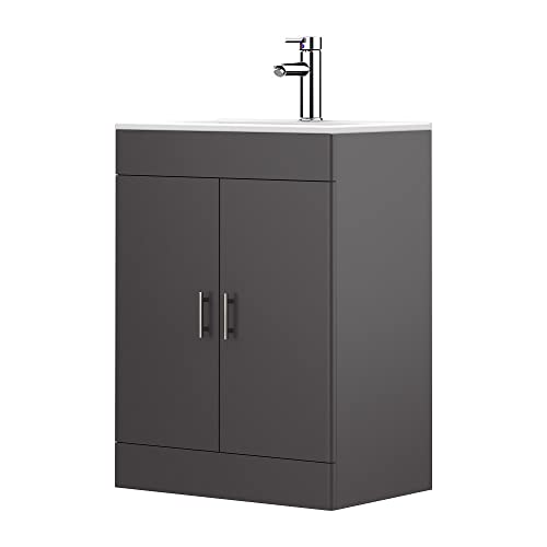 Bedbric Mueble de lavabo de 600 mm con lavabo (grifería y residuos + tocador, gris) Cover