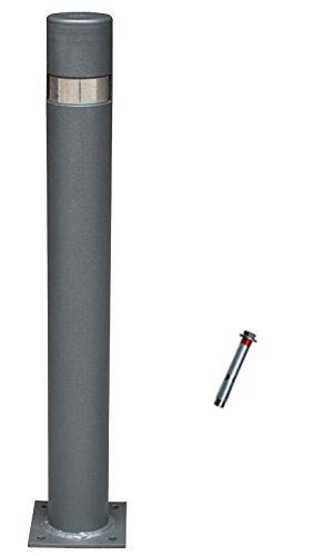 ADO - Pilona fija reforzada con placa inferior modelo City. Bolardo de hierro con parte superior en acero inoxidablede 95x800 mm para atornillar a suelo (1-Pilona + Tornillería)