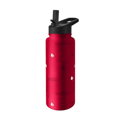 Image of Logo Brands NCAA Louisville Cardinals Step & Repeat 34 oz Stainless Steel Quencher Bottle - All Over Logo Design, No-Spill Lid, Easy Carry Handle - Keeps Drinks Cold For Hours