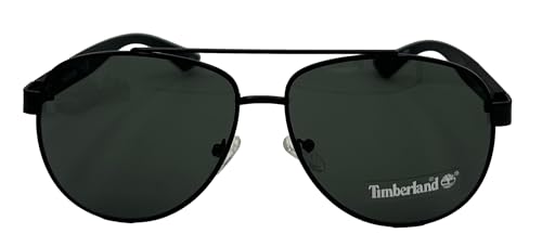 Timberland Shiny Black Mens Metal Aviator Sunglass, Green Lens TB7258. 1N2