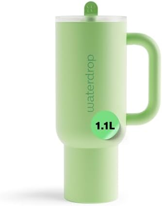 waterdrop® Thermobecher mit Strohhalm 1,1L – Auslaufsichere, robuste Trinkflasche mit aufklappbarem Trinkhalm, Hält 12h kalt, Trinkbecher mit Deckel, isolierte Edelstahlflasche