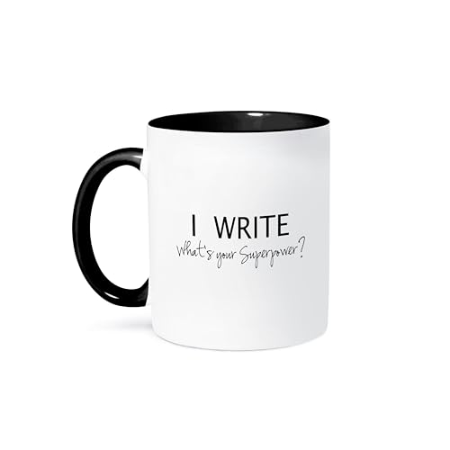 3dRose mug_194455_4 I Write - What's Your Superpower - Fun Gift For Writers - Writing Love Mug, Black, 11 oz