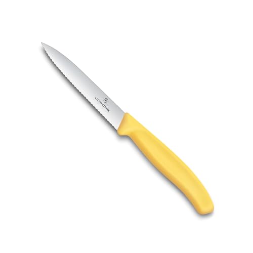 Image of Victorinox Swiss Made Stainless Steel Swiss Classic Paring Knife, 10 cm, Serrated Edge with Pointed Tip, Professional and Household Kitchen Tools, Kitchen Items, Yellow, 6.7738.C1 | Multipurpose Knife